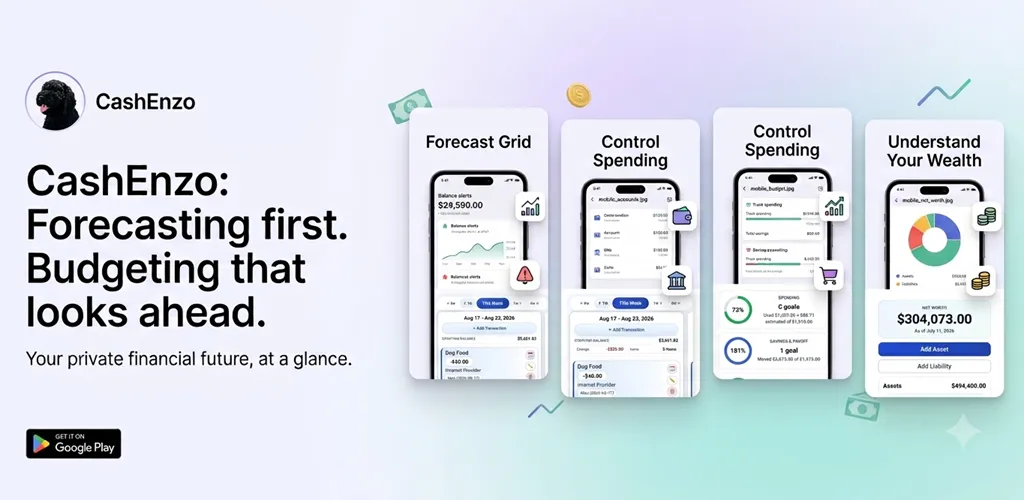 CashEnzo Google Play launch graphic showing forecast, spending, budgeting, and net worth screens